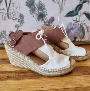 Anthropologie Naguisa Brown Suede White Canvas Wedge Heel Lace Up Espadrilles 39